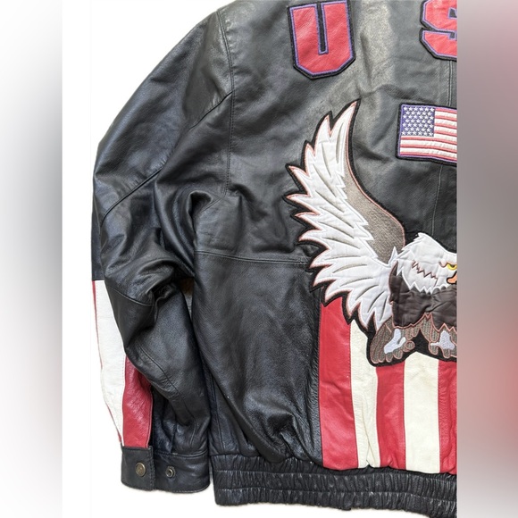 Diamond Plate Genuine Leather USA Eagle Jacket Black Biker Moto Boxy Work Style - Picture 9 of 11